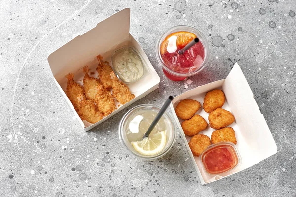 Food Delivery Takeaway Food Fried Shrimps Batter Hot Chicken Nuggets — Fotografia de Stock