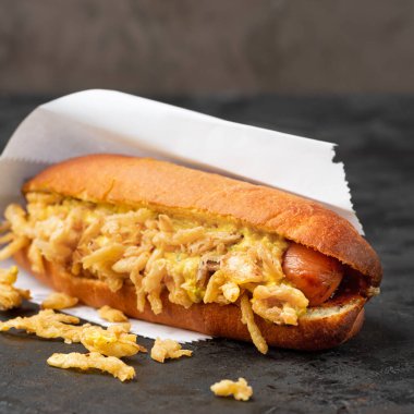 En çıtır soğanlı sosisli. Öğle yemeği için sağlıklı atıştırmalıklar. Fast food konsepti. Boşluğu kopyala