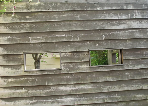 Pared desgastada y ventana a la vegetación —  Fotos de Stock