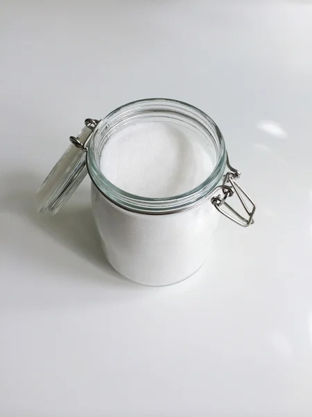 Jar of granulated sugar — Stock Photo, Image
