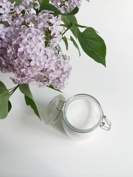 Glass jar of white sugar — Stock Photo, Image