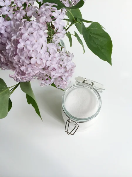 Glass jar of white sugar — Stock Photo, Image