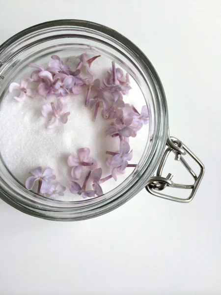 Glass jar of white sugar — Stock Photo, Image