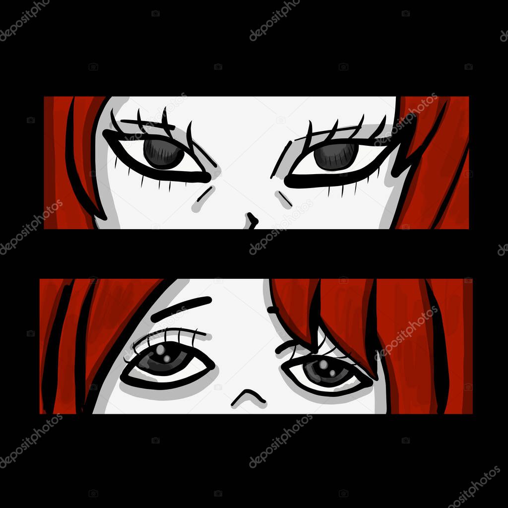 Manga style. Japanese cartoon Comic concept. Anime characters. Vector design for t-shirt graphics, banner, fashion prints. Ink drawing eyes manga illustration anime print design