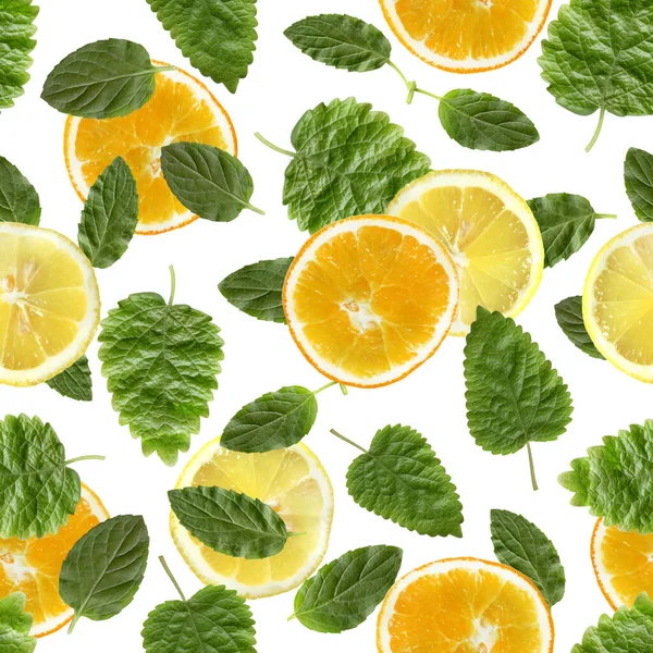 Naneli, portakallı ve limonlu arkaplan. Karışık medyada soyut kolaj ve dijital sanat eserleri. Renkli yazdırma.