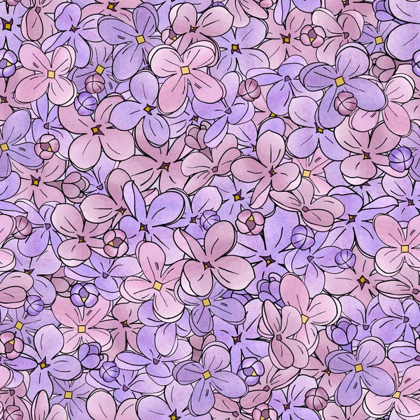 Suluboya ve mor, mor ve pembe leylak çiçekleri olan dijitalsiz arkaplan. Çiçekler pürüzsüz desen olabilir.