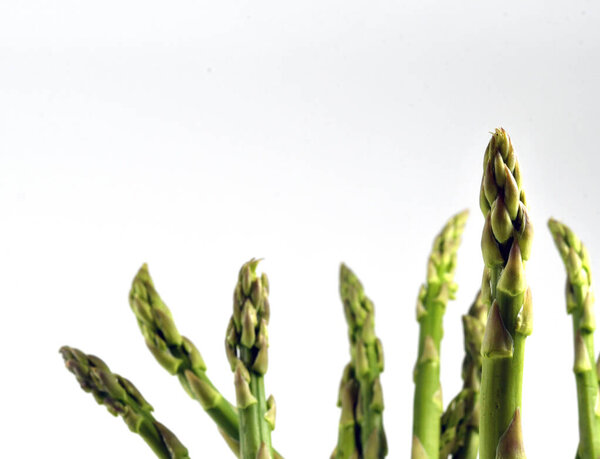Close up view of fresh asparagus spear standing up. No people. Plain white background.