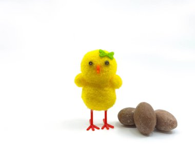 Küçük çikolatalı Paskalya yumurtaları olan şirin bir Paskalya pilici. İnsan yok. Boşluğu kopyala..