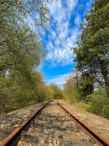 Eenbaansspoorlijn Van Een Spoorweg Door Een Plattelandsgebied Geen Mensen — Stockfoto