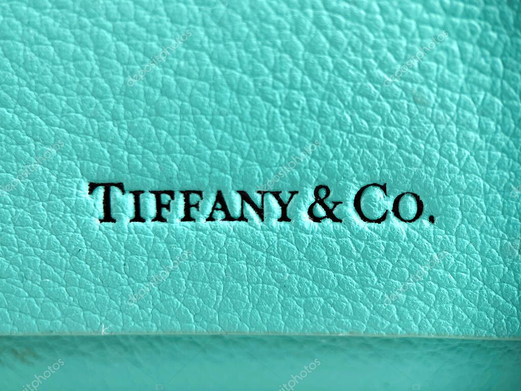 Cardiff, Wales - July 2021: Close up of Tiffany & Co. branding on glasses case.