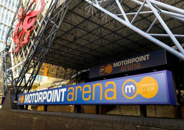 Cardiff, Galler - Kasım 2017: Cardiff şehir merkezindeki Motorpoint Arena 'ya Giriş