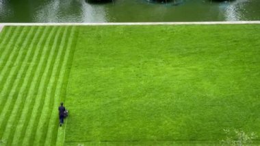 Londra, İngiltere Ağustos 2021: Kamu parkında çizgili çimleri biçen bir bahçıvanın havadan görünüşü 