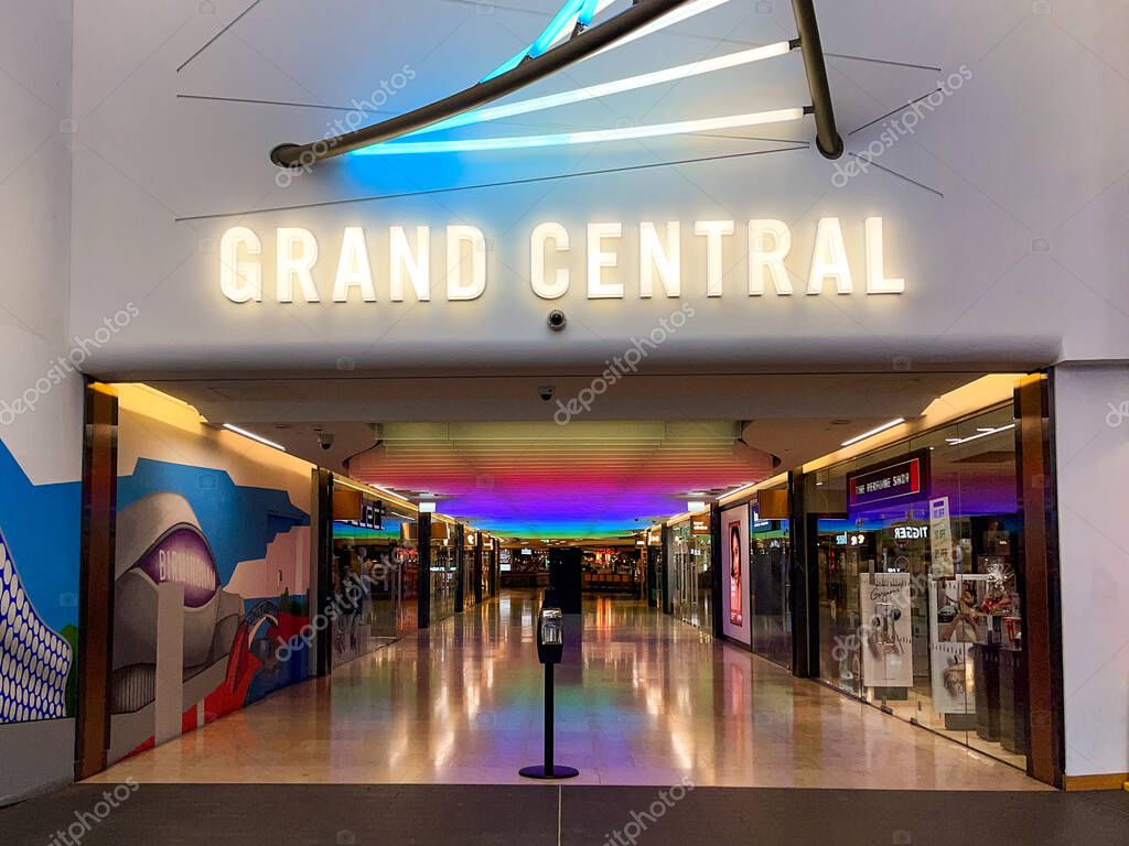 Birmingham, England - July 2021: Entrance to the Grand central, which is the shopping centre above Birmingham New Street railway station