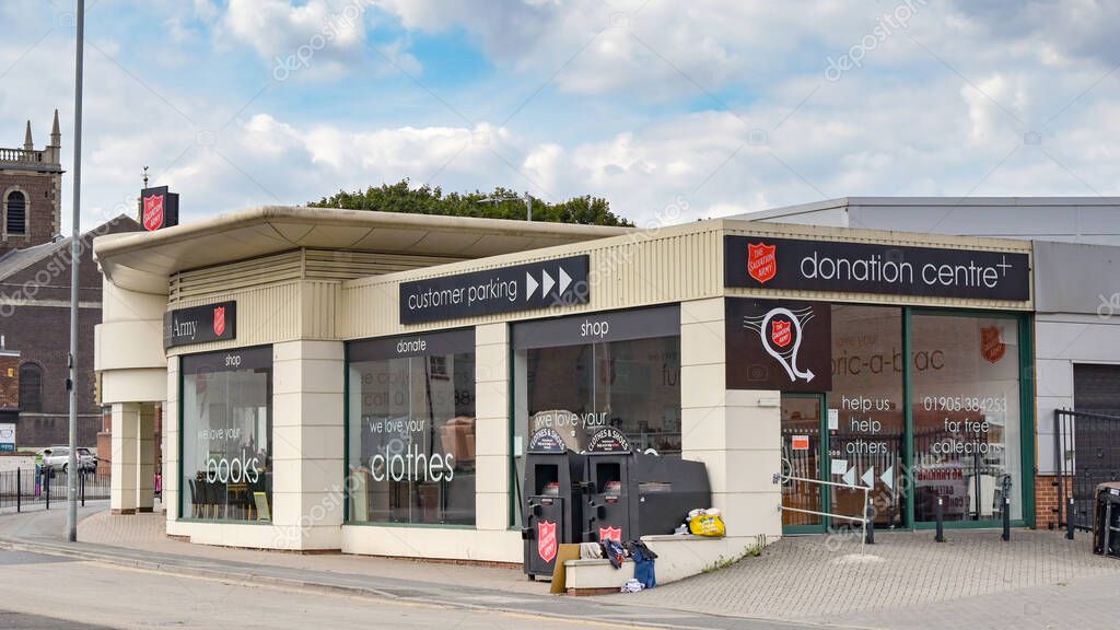 Worcester, Worcestershire, England, UK - 24 August 2025: Front exterior view of the Salvation Army donation centre near the city centre of Worcester.