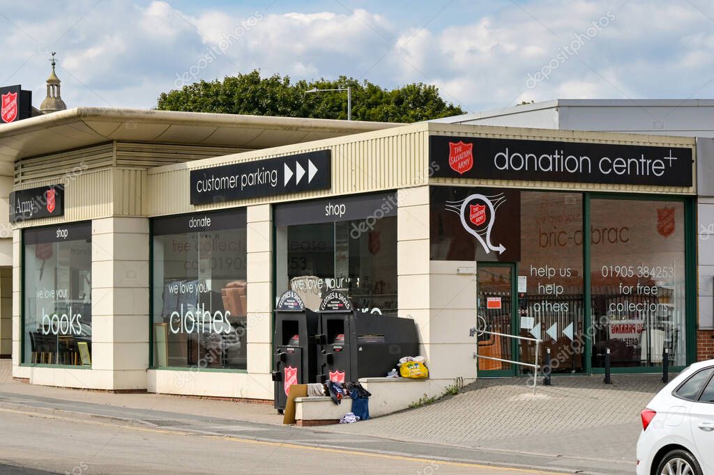 Worcester, Worcestershire, England, UK - 24 August 2025: Front exterior view of the Salvation Army donation centre near the city centre of Worcester.