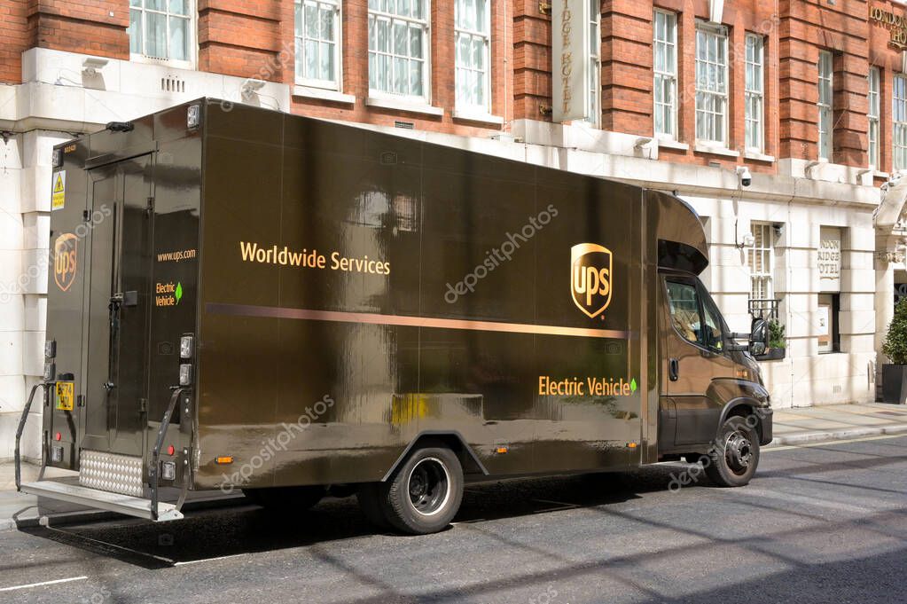 London, England, UK - 4 July 2025: Zero emissions electric delivery van used by UPS United Parcel Service  parked on a street in central London