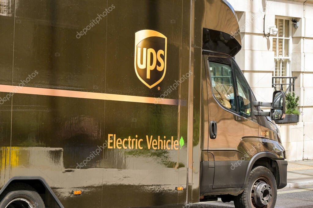 London, England, UK - 4 July 2025: Zero emissions electric delivery van used by UPS United Parcel Service  parked on a street in central London