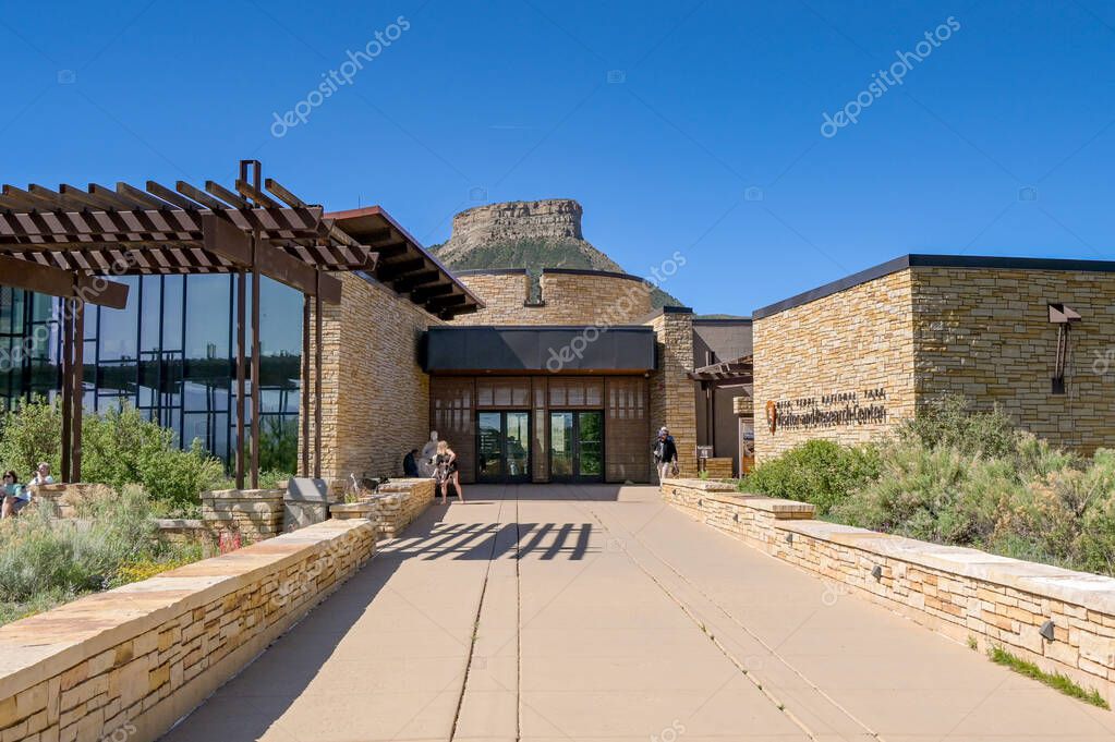 Montezuma County, Colorado, USA - 24 May 2025: Sign on the outside of the Mesa Verde Visitor and Research Center, which is operated by the National Park Service.