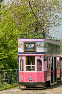 Seaton, Devon, İngiltere - 25 Nisan 2025: Seaton Tramvayı 'ndaki Colyton istasyonunda klasik elektrikli tramvay