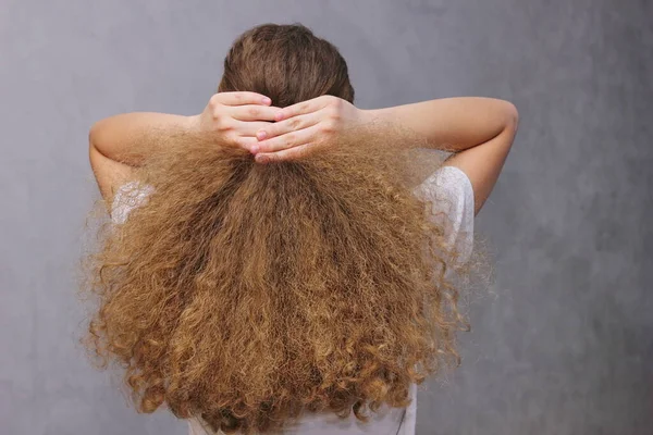 彼女の手で彼女の厚い波状の自然な髪を集めて女の子 後ろからの眺め 美容とヘアケアの概念 自然な毛を販売し 買うことは考えである 女性の長い髪の力と美しさ — ストック写真