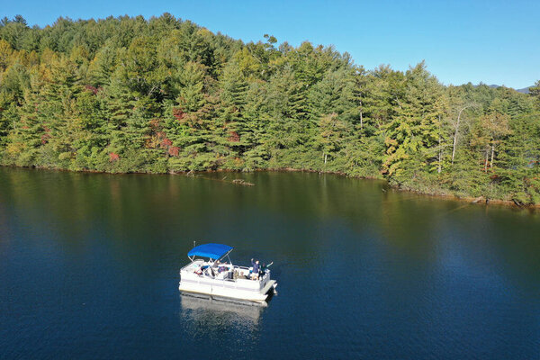 Aerial view of pontoon boat on Lake Santeetlah, North Carolina