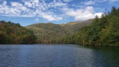 Kuzey Carolina 'daki Renkli Göl Santeetlah gölü 4K sonbahar renklerinde..