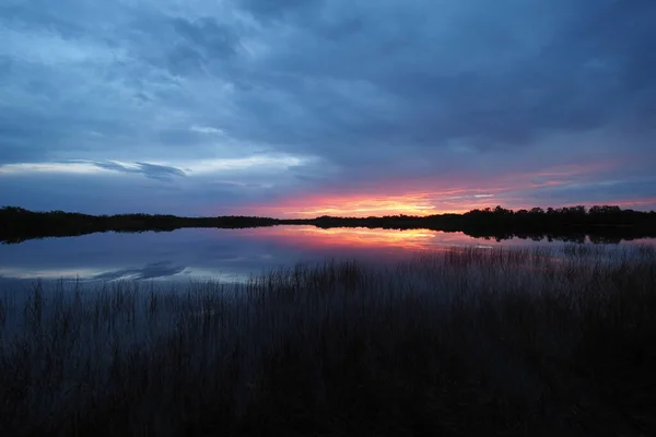 Paysage nuageux de lever de soleil coloré sur l'étang dans le parc national des Everglades, Floride. — Photo
