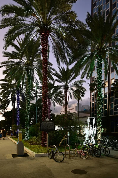 Lincoln Road Mall på Miami Beach, Florida i skymningen i december. — Stockfoto