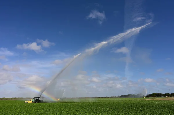 Szivattyús teherautók öntözőmezők közelében Homestead, Florida létre szivárvány spray. — Stock Fotó