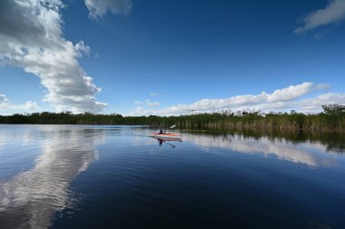 Florida, Everglades Ulusal Parkı 'ndaki Nine Mile Pond' da kayak yapan kadın..
