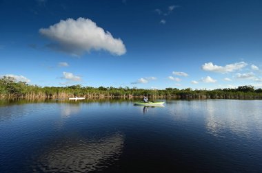 Everglades Ulusal Parkı 'ndaki Nine Mile Pond' da kayak yapan kadın ve son sınıf öğrencisi..
