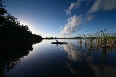 Florida, Everglades Ulusal Parkı 'ndaki Nine Mile Pond' da kayak yapan kadın..