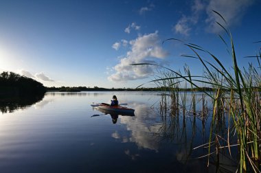 Florida, Everglades Ulusal Parkı 'ndaki Nine Mile Pond' da kayak yapan kadın..