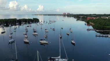 Aerial view Dinner Key Marina and anchorage in Coconut Grove, Miami, Florida 4K