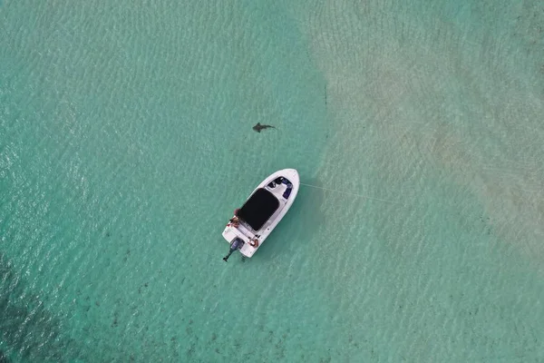 Aerial view of boats anchored in Honeymoon Harbour, Gun Cay, Bahamas.
