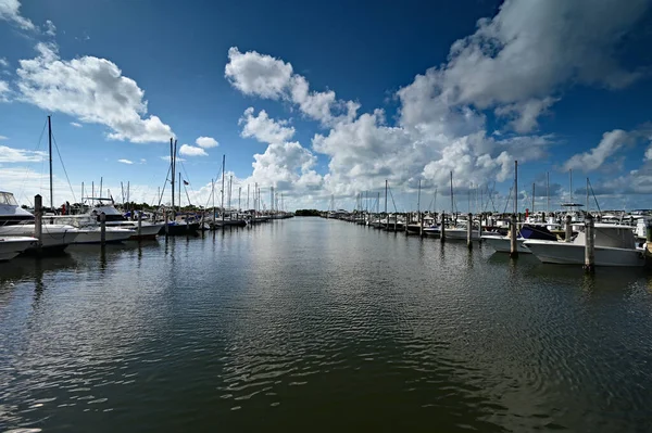 Paisaje nublado de verano reflejado en el agua tranquila de Dinner Key en Miami, Florida. — Foto de Stock