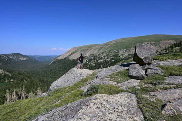 Mannelijke wandelaar geniet een uitgebreid uitzicht op Indian Peaks Wilderness, Colorado. — Stockfoto