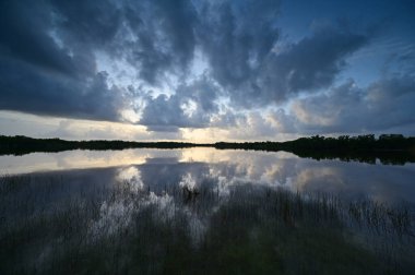 Everglades Ulusal Parkı, Florida 'daki Nine Mile Pond üzerinde renkli bir gün doğumu.