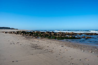Praia de Canide, Canide Sahili, Portekiz 'in kuzey kıyısında, Vila Nova de Gaia' da dramatik sonbahar bulutları altında.