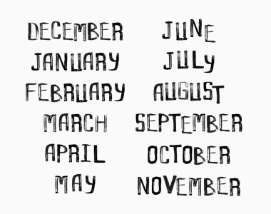 Vintage grunge tipografik, düzensiz yılın ay adları 