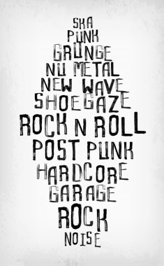 Rock müzik stilleri etiket bulutu, grunge oldschool tipografi damga s