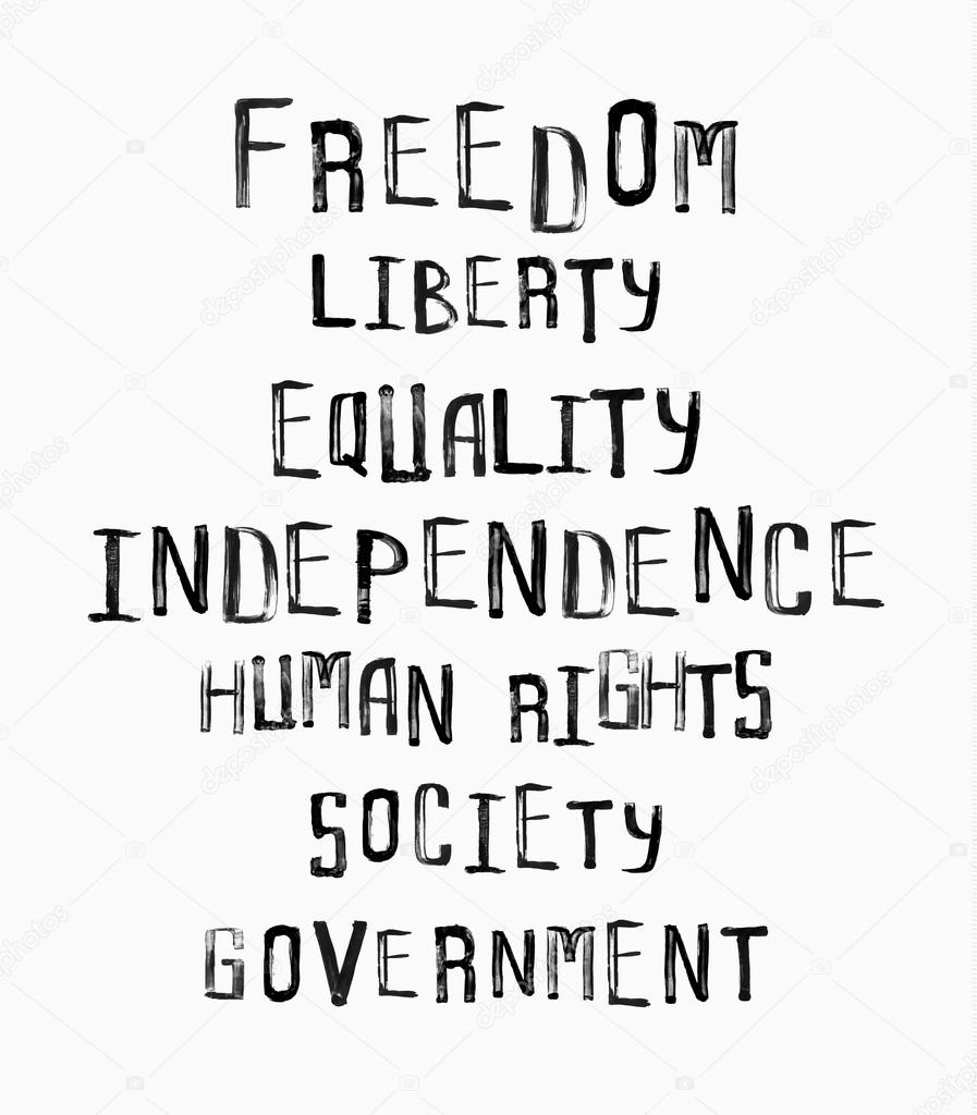 Freedom, independence, equality concept, word cloud in uneven vi