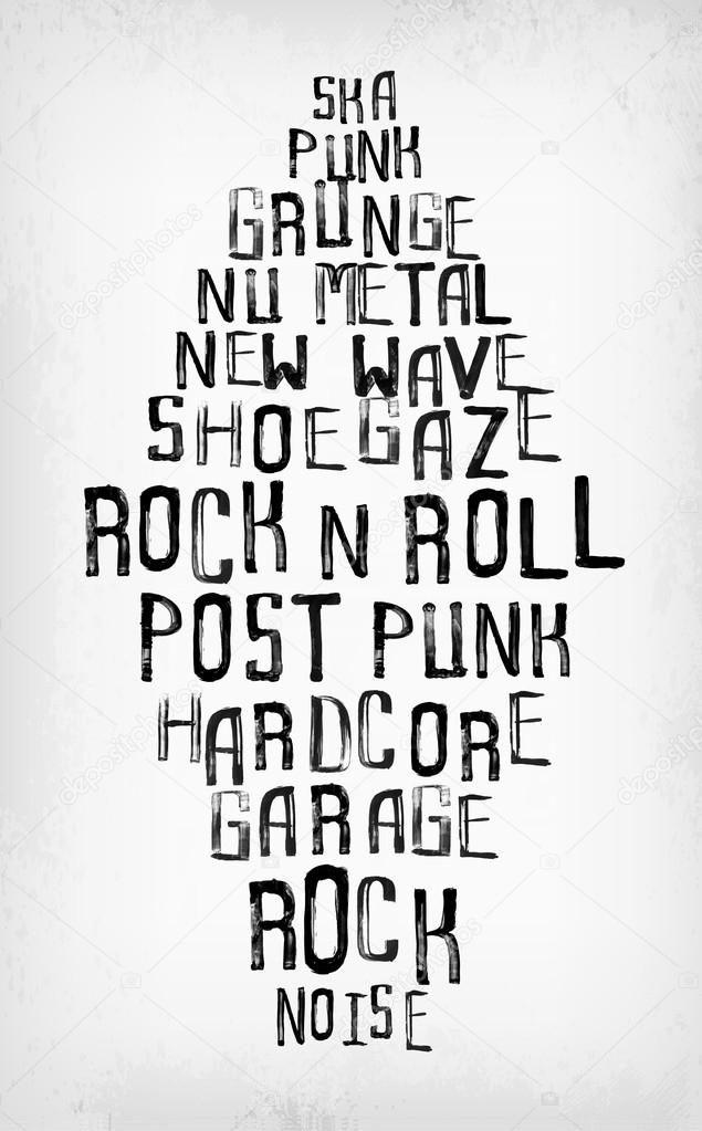 Rock music styles tag cloud, grunge oldschool typography stamp s