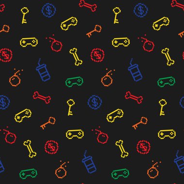 Seamless oldschool gaming inspired pattern, game icons, achievem clipart
