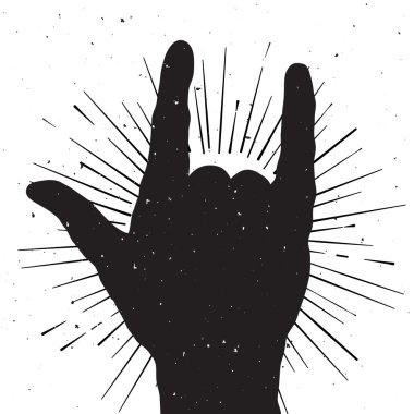 Rock el işareti siluet, grunge şablon, slogan, metin için