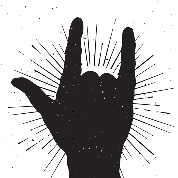 Signo de mano de roca silueta, plantilla grunge para su eslogan, texto — Vector de stock