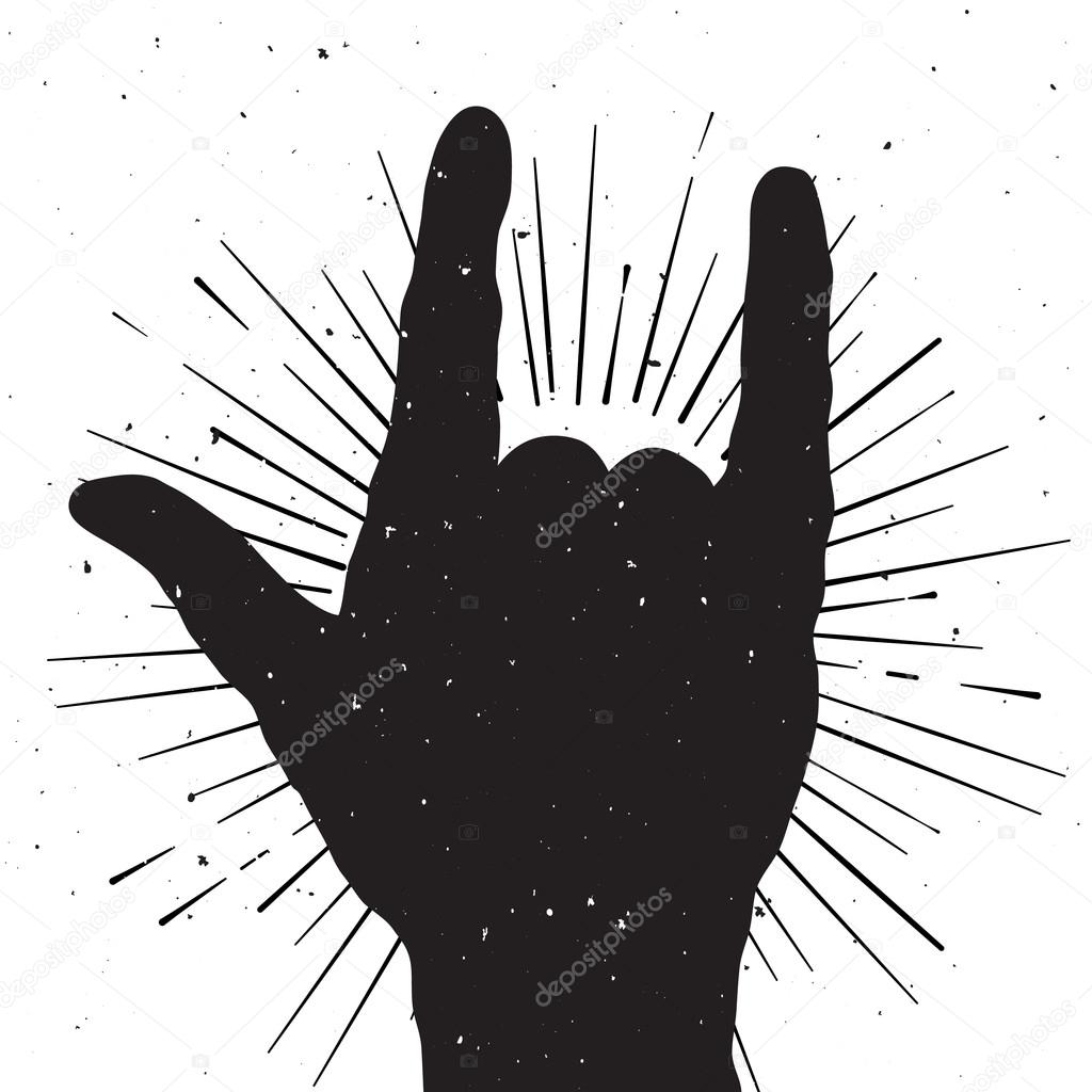 Rock hand sign silhouette, grunge template for your slogan, text