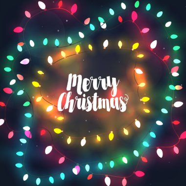 Noel ışıkları çelenk, tebrik kartı Merry Christm ile rahat