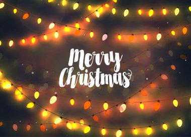 Çelenk, tebrik kartı Merry ile rahat sarı Noel ışıkları