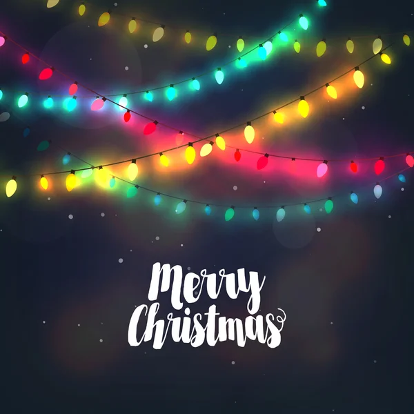 다채로운 빛 garlands와 메리 기독교 크리스마스 배경 — 스톡 벡터